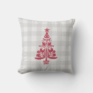 Scandinavian Christmas Red Nordic Tree Check Throw Pillow