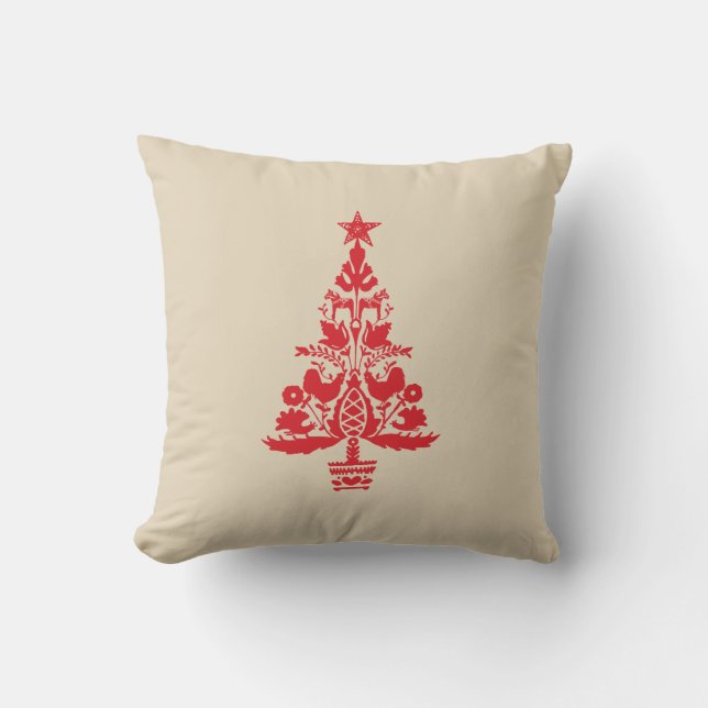 Scandinavian Christmas Red Orange Nordic Tree Throw Pillow (Front)