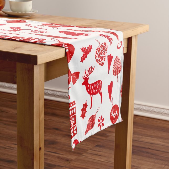 Scandinavian Christmas Red White Festive Short Table Runner (In Situ)