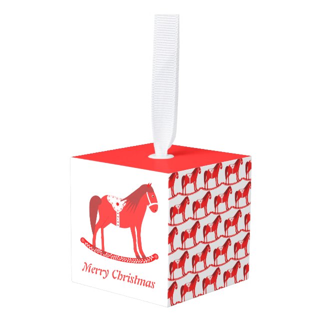 Scandinavian Christmas Rocking Horse Custom Cube Ornament (Front Angled)