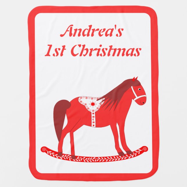 Scandinavian Christmas Rocking Horse Custom Name Baby Blanket (Front)