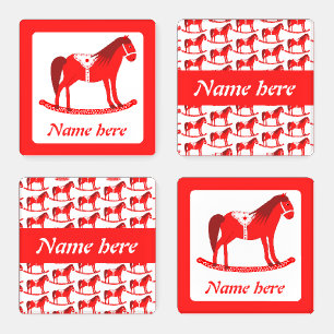 Scandinavian Christmas Rocking Horse Custom Name Coaster Set