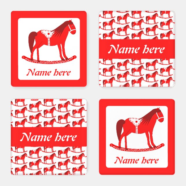 Scandinavian Christmas Rocking Horse Custom Name Coaster Set (Set)