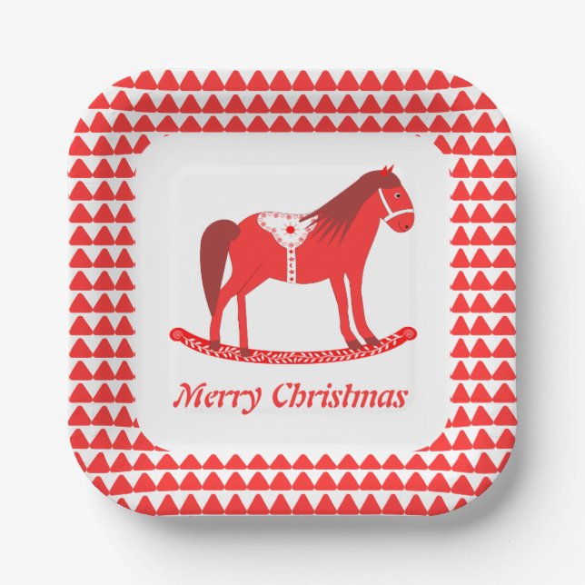 Scandinavian Christmas Rocking Horse Custom Paper Plates (Front)