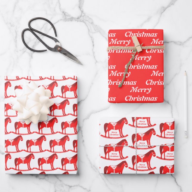 Scandinavian Christmas Rocking Horse Custom Wrapping Paper Sheets (Front)