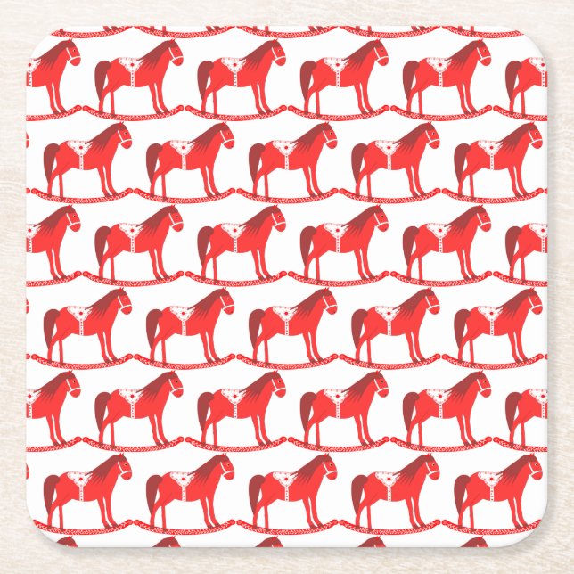 Scandinavian Christmas Rocking Horse Patterned Square Paper Coaster (Front)