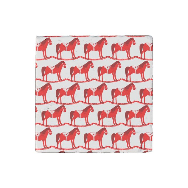 Scandinavian Christmas Rocking Horse Patterned Stone Magnet (Front)