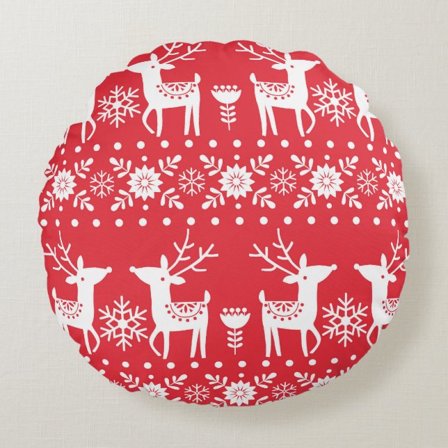 Scandinavian Christmas: Snowflakes & Deer Round Pillow (Front)