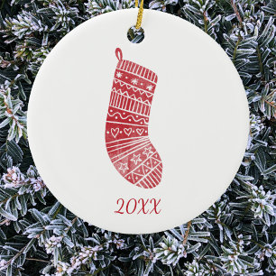 Scandinavian Christmas Stocking Year Red White Ceramic Ornament