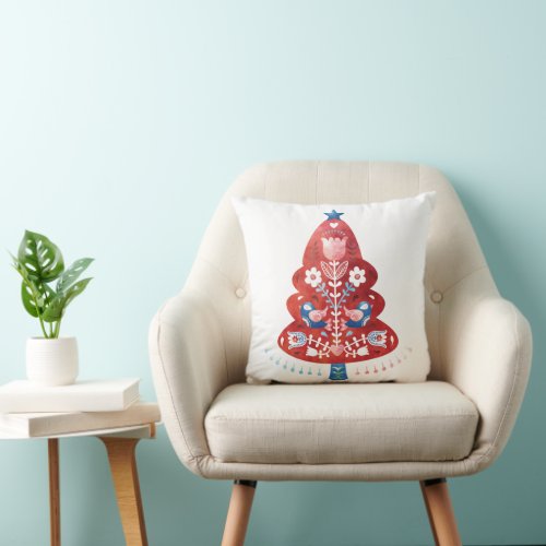 Scandinavian Christmas Tree Folk Art Throw Pillow