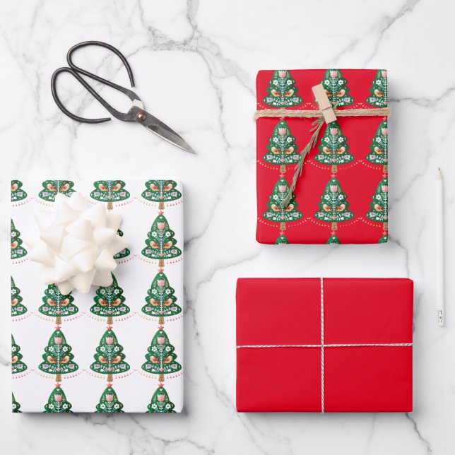 Scandinavian Christmas Tree Folk Art  Wrapping Paper Sheets (Front)