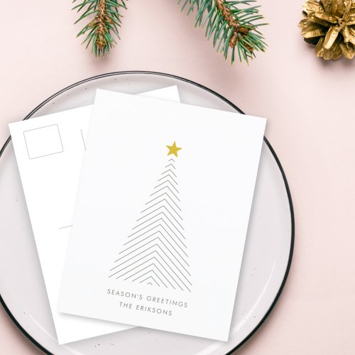 Scandinavian Christmas Tree  Minimalist Gold Star Holiday Postcard