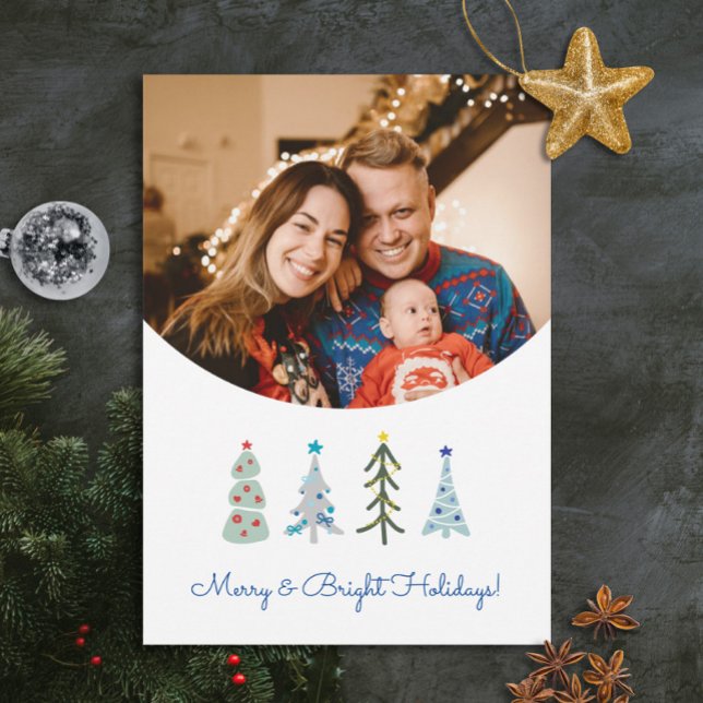 Scandinavian Christmas trees doodle Holiday Card (Elegant hygge Scandinavian photo custom Christmas card. Personalize it with your photo and text.)
