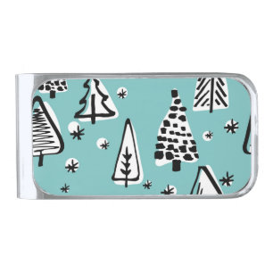 Scandinavian Christmas trees: vintage graphics. Silver Finish Money Clip
