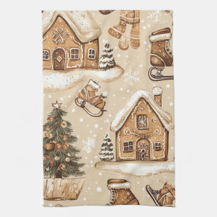 Scandinavian Christmas Village Brown Folk Print Kitchen Towel