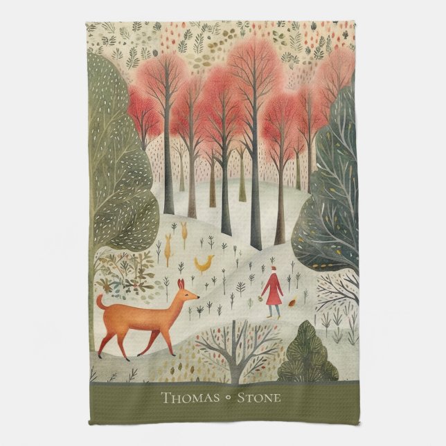Scandinavian christmas winter forest with reindeer kitchen towel (Vertical)