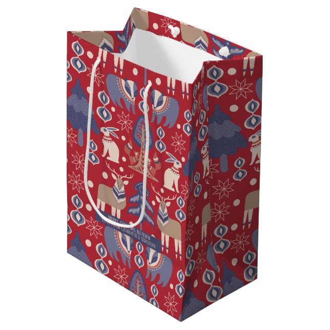 Scandinavian Christmas Woodland Personalized Medium Gift Bag (Front Angled)