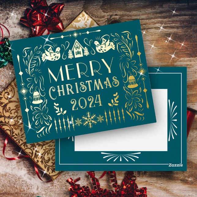 Scandinavian Christmas Year Teal Foil Holiday Postcard (Scandinavian Christmas Design.)
