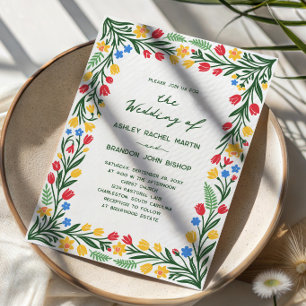 Scandinavian Colorful Wildflower Folk Art Wedding Invitation