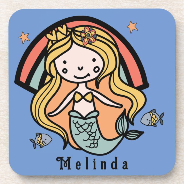 Scandinavian Cute Mermaid Personalized Girl        Beverage Coaster (Front)