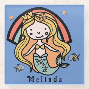 Scandinavian Cute Mermaid Personalized Girl        Glass Coaster