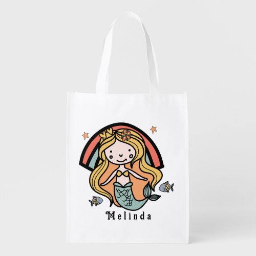 Scandinavian Cute Mermaid Personalized Girl     Grocery Bag