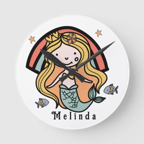 Scandinavian Cute Mermaid Personalized Girl   Round Clock