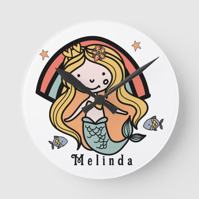Scandinavian Cute Mermaid Personalized Girl   Round Clock (Front)