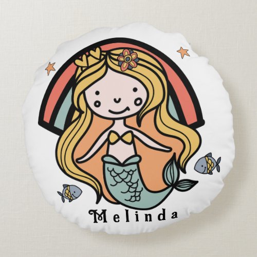 Scandinavian Cute Mermaid Personalized Girl  Round Pillow