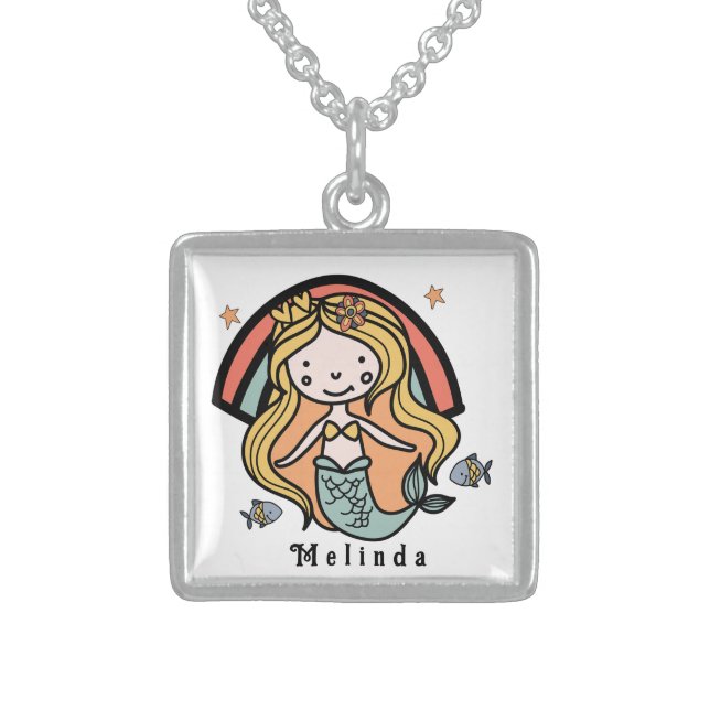 Scandinavian Cute Mermaid Personalized Girl        Sterling Silver Necklace (Front)