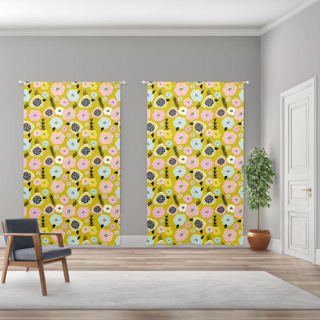 Scandinavian Daisy Flowers Mustard Yellow Nursery  Blackout Curtains (Wide)