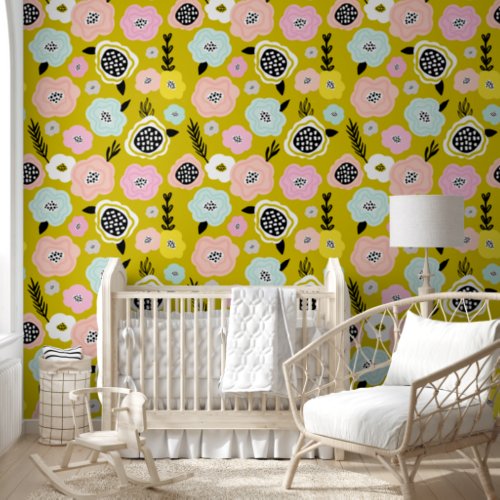 Scandinavian Daisy Flowers Mustard Yellow Nursery Wallpaper