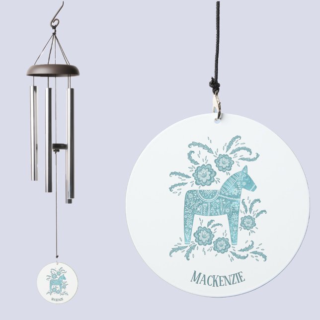 Scandinavian Dala Horse Personalized Teal Green Wind Chime (Swedish Dala Horse personalized name wind chime)