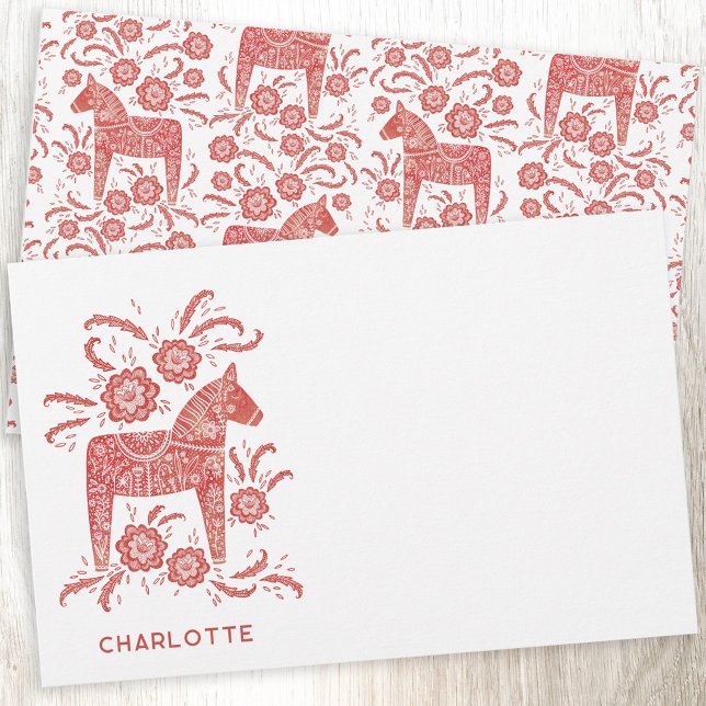 Scandinavian Dala Horse Red Personalized Stationery (Red and white Swedish Dala Horse personalized custom name stationery)