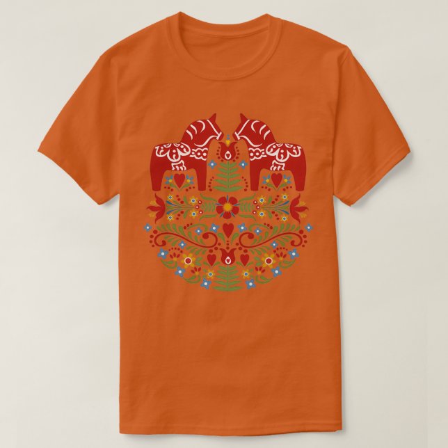 Scandinavian Dala Horse Swedish Folk Art T-Shirt (Design Front)