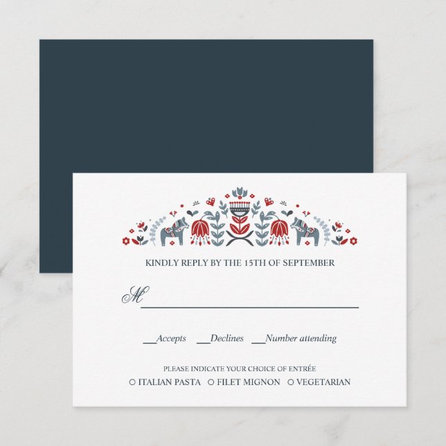 Scandinavian Dala Horse  WEDDING RSVP MEAL CHOICE (Front/Back)
