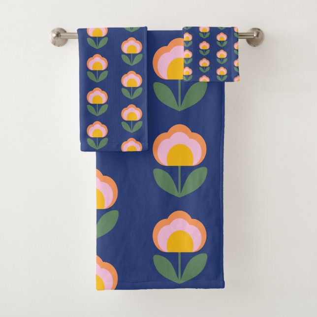 Scandinavian Danish Folk Flower Pattern in Blue Bath Towel Set (Insitu)