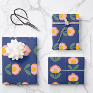 Scandinavian Danish Folk Flower Pattern in Blue Wrapping Paper Sheets