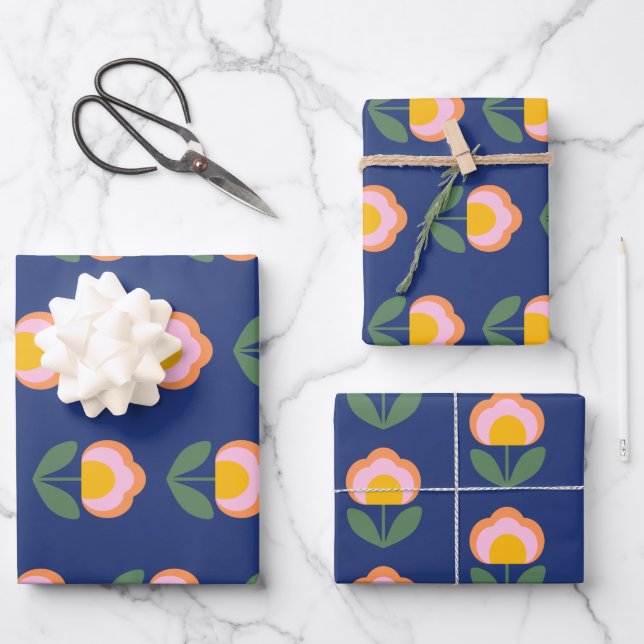 Scandinavian Danish Folk Flower Pattern in Blue Wrapping Paper Sheets (Front)