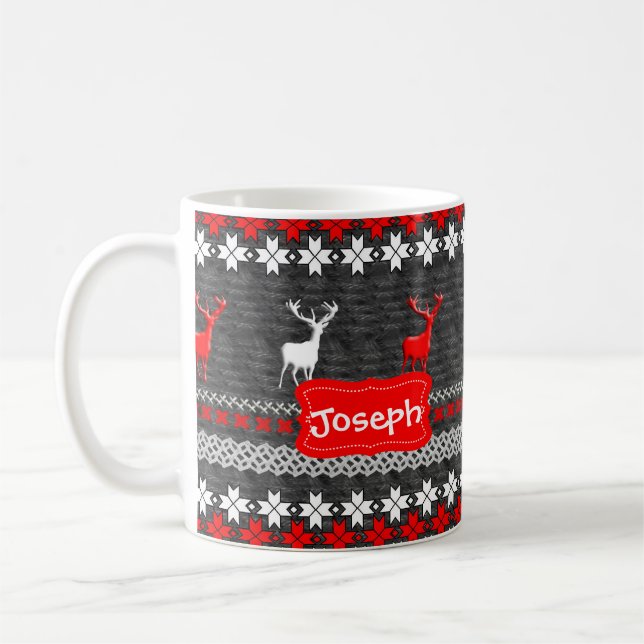 Scandinavian Deer Christmas Pattern Personalized Coffee Mug (Left)