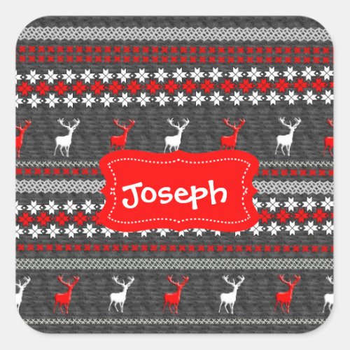 Scandinavian Deer Christmas Pattern Personalized Square Sticker