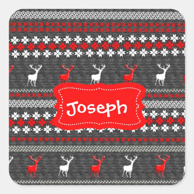 Scandinavian Deer Christmas Pattern Personalized Square Sticker (Front)