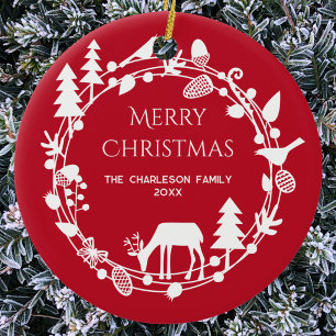Scandinavian Deer Forest Wreath Personalized Ceramic Ornament