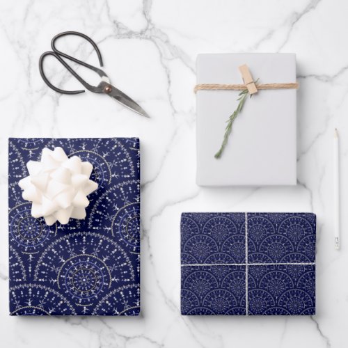 Scandinavian Ditsy Winter Navy &amp; Gold Art Deco Wrapping Paper Sheets