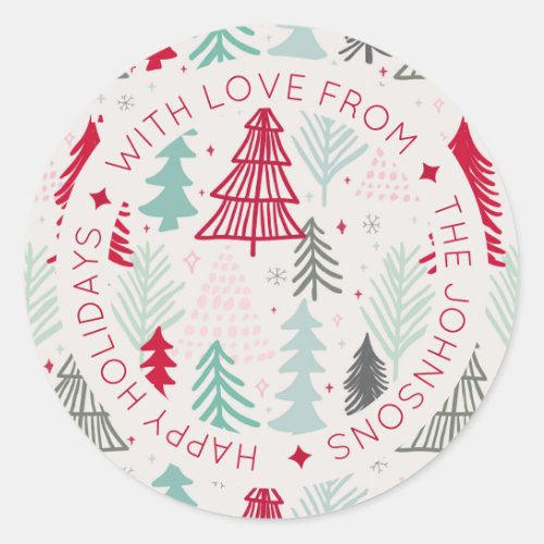 Scandinavian Doodle Christmas Trees Personalized Classic Round Sticker