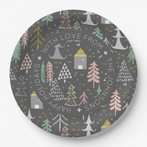 Scandinavian Doodle Christmas Village Personalize Paper Plates