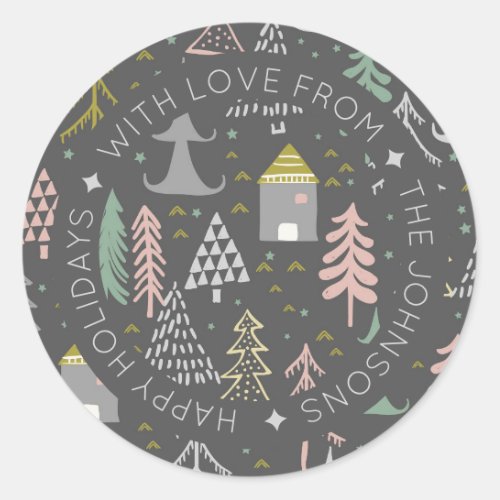 Scandinavian Doodle Christmas Village Personalized Classic Round Sticker