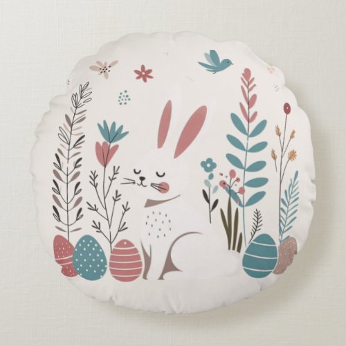 scandinavian Elegance Cute Easter Bunny and Eggs Round Pillow