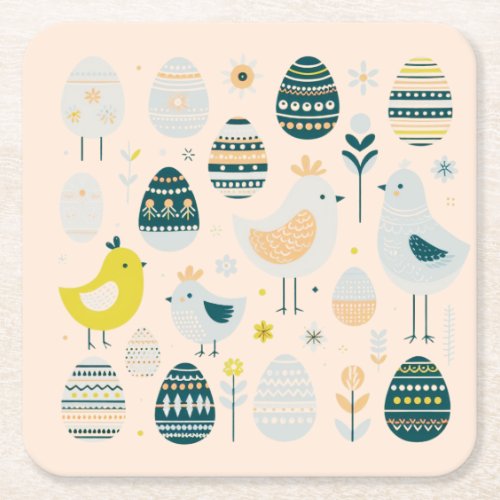 Scandinavian Elegance Easter Chicks and Eggs Square Paper Coaster