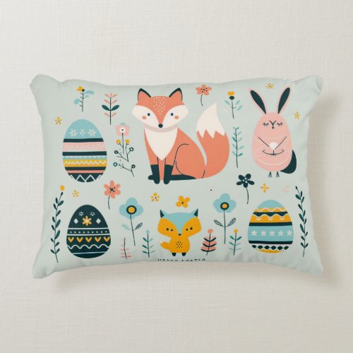 Scandinavian Elegance Fox Bunny Owl and Eggs Accent Pillow